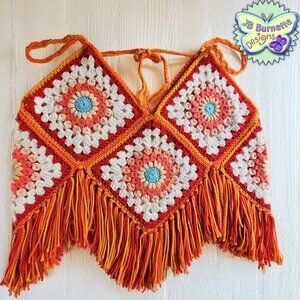 Handmade Crochet Fringed Boho Top in Red, Orange, Summer Colors, Size L-XL